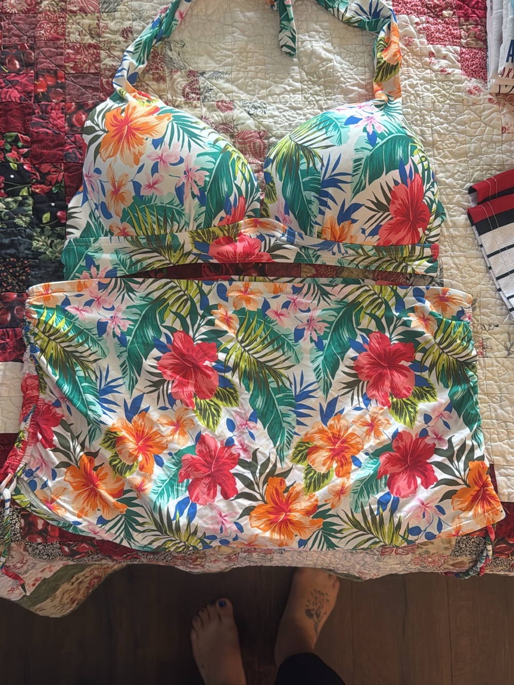 Tropical Floral Halter Tankini Swimsuit - Bright Hibiscus Print